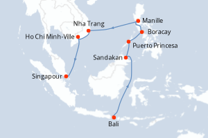 Carte itinéraire croisière Indonésie, Malaisie, Philippines, Vietnam, Singapour - 14 jours au départ de Bali - Asie