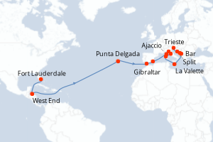 Carte itinéraire croisière Gran aventura por el Mediterráneo occide - 25 jours au départ de Fort Lauderdale - Transatlantique