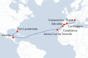 Carte itinéraire croisière Islas Canarias y Paso Marroquí - 15 jours au départ de Civitavecchia - Rome - Transatlantique