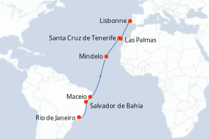 Carte itinéraire croisière Portugal, Canaries, Cap Vert, Brésil - 14 jours au départ de Lisbonne - Amérique du Sud