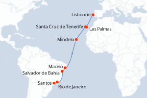 Carte itinéraire croisière Portugal, Canaries, Cap Vert, Brésil - 15 jours au départ de Lisbonne - Brésil
