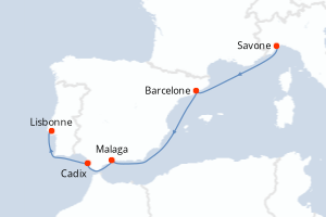 Carte itinéraire croisière Italie, Espagne, Portugal - 6 jours au départ de Savone - Atlantique