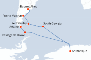 Carte itinéraire croisière Voyage en terres australes et péninsule Valdés - 18 jours au départ de Buenos Aires - Antarctique
