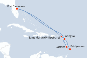 Carte itinéraire croisière États-Unis, Antigua-et-Barbuda, Barbade, Sainte-Lucie, Pays-Bas - 9 jours au départ de Port Canaveral - Caraïbes Bahamas