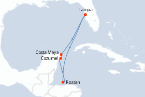 Carte itinéraire croisière États-Unis, Honduras, Mexique - 7 jours au départ de Tampa - Caraïbes Mexique