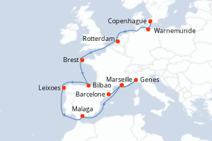 Carte itinéraire croisière Danemark, Allemagne, Pays-Bas, France, Portugal, Espagne, Italie - 16 jours au départ de Copenhague - Méditerranée