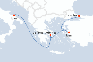 Carte itinéraire croisière Italie, Grèce, Turquie - 4 jours au départ de Bari - Méditerranée