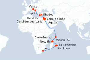 Carte itinéraire croisière Italie, Croatie, Grèce, Egypte, Jordanie, Seychelles, Madagascar, Maurice, France, Afrique du Sud - 29 jours au départ de Venise - Afrique du Sud