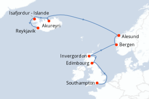 Carte itinéraire croisière Islande, Norvège, Royaume-Uni - 10 jours au départ de Reykjavik - Europe du Nord