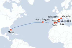 Carte itinéraire croisière États-Unis, Portugal, France, Espagne - 15 jours au départ de Miami - Transatlantique
