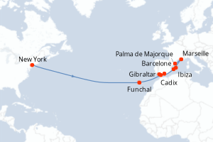 Carte itinéraire croisière États-Unis, Portugal, Royaume-Uni, France, Espagne - 15 jours au départ de New York - Transatlantique