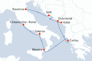 Carte itinéraire croisière Monténégro, Croatie, Grèce, Italie - 7 jours au départ de Ravenne - Méditerranée