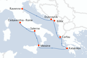 Carte itinéraire croisière Croatie, Monténégro, Grèce, Italie - 7 jours au départ de Ravenne - Méditerranée