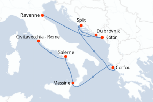 Carte itinéraire croisière Croatie, Monténégro, Grèce, Italie - 7 jours au départ de Ravenne - Méditerranée