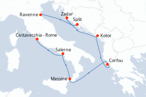 Carte itinéraire croisière Croatie, Monténégro, Grèce, Italie - 7 jours au départ de Ravenne - Méditerranée