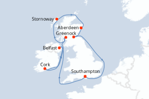 Carte itinéraire croisière Irlande, Royaume-Uni - 10 jours au départ de Southampton - Europe du Nord