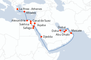 Carte itinéraire croisière Grèce, Egypte, Jordanie, Arabie Saoudite, Oman, Qatar, Emirats Arabes Unis - 21 jours au départ de Le Piree - Athenes - Moyen-Orient Dubaï