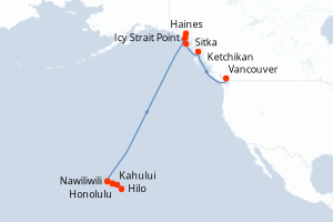 Carte itinéraire croisière États-Unis, Canada - 16 jours au départ de Honolulu - Alaska