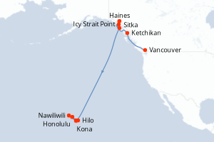 Carte itinéraire croisière Canada, États-Unis - 16 jours au départ de Vancouver - Hawaii