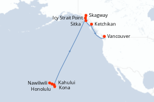 Carte itinéraire croisière États-Unis, Canada - 16 jours au départ de Honolulu - Alaska