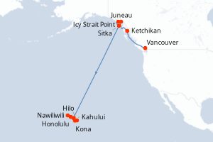 Carte itinéraire croisière Canada, États-Unis - 16 jours au départ de Vancouver - Hawaii