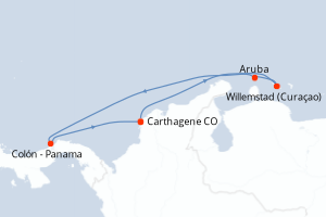 Carte itinéraire croisière Colombie, Pays-Bas, Panama - 7 jours au départ de Carthagene - Amérique du Sud