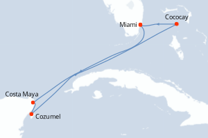 Carte itinéraire croisière États-Unis, Mexique, Bahamas - 7 jours au départ de Miami - Caraïbes Bahamas