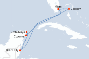 Carte itinéraire croisière États-Unis, Belize, Mexique, Bahamas - 7 jours au départ de Miami - Caraïbes Bahamas