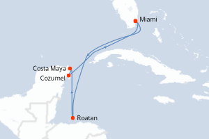 Carte itinéraire croisière États-Unis, Honduras, Mexique - 7 jours au départ de Miami - Caraïbes Bahamas