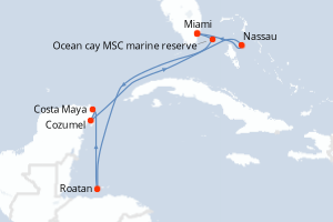 Carte itinéraire croisière États-Unis, Bahamas, Honduras, Mexique - 8 jours au départ de Miami - Caraïbes Bahamas