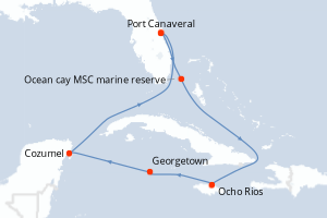 Carte itinéraire croisière États-Unis, Bahamas, Jamaïque, Caïmans (Îles), Mexique - 7 jours au départ de Port Canaveral - Caraïbes Bahamas