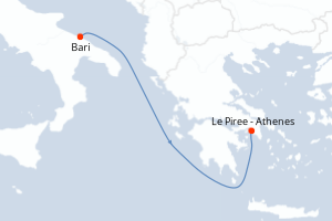 Carte itinéraire croisière Italie, Grèce - 2 jours au départ de Bari - Méditerranée
