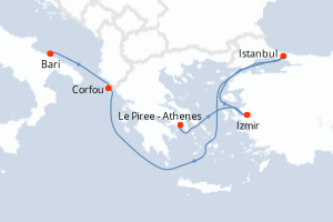 Carte itinéraire croisière Turquie, Grèce, Italie - 5 jours au départ de Le Piree - Athenes - Adriatique