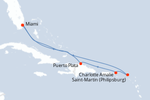 Carte itinéraire croisière États-Unis, Pays-Bas, Royaume-Uni, République Dominicaine - 7 jours au départ de Miami - Caraïbes Bahamas