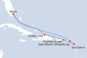 Carte itinéraire croisière États-Unis, Pays-Bas, Antigua-et-Barbuda, Royaume-Uni, République Dominicaine - 8 jours au départ de Miami - Caraïbes Bahamas