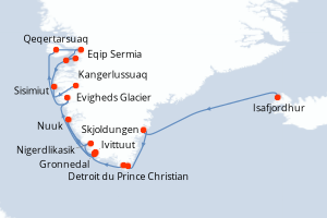 Carte itinéraire croisière Islande, Gröenland, Brésil - 12 jours au départ de Isafjordhur - Gröenland