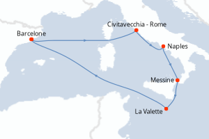 Carte itinéraire croisière Espagne, Italie, Malte - 7 jours au départ de Barcelone - Méditerranée