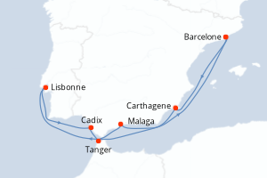 Carte itinéraire croisière Espagne, Portugal, Maroc - 8 jours au départ de Barcelone - Méditerranée