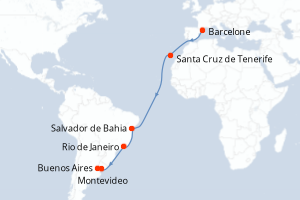 Carte itinéraire croisière Espagne, Brésil, Uruguay, Argentine - 16 jours au départ de Barcelone - Transatlantique