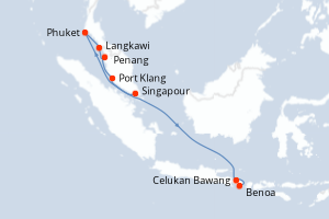 Carte itinéraire croisière Singapour, Thaïlande, Malaisie, Indonésie - 11 jours au départ de Singapour - Asie