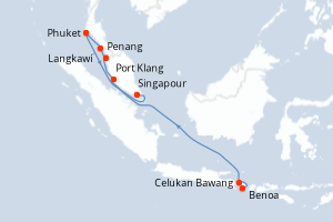Carte itinéraire croisière Indonésie, Malaisie, Thaïlande, Singapour - 11 jours au départ de Benoa - Asie