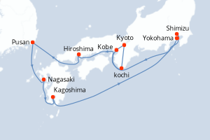 Carte itinéraire croisière Japon - 12 jours au départ de Yokohama - Asie