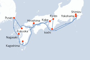 Carte itinéraire croisière Japon - 13 jours au départ de Yokohama - Asie