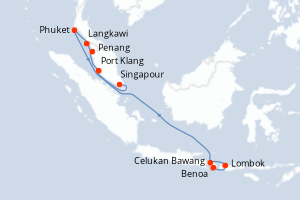 Carte itinéraire croisière Indonésie, Malaisie, Thaïlande, Singapour - 14 jours au départ de Benoa - Asie
