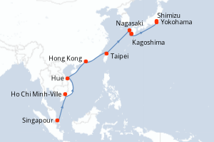 Carte itinéraire croisière Singapour, Vietnam, Chine, Taïwan, Japon - 15 jours au départ de Singapour - Asie