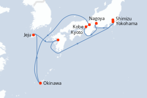 Carte itinéraire croisière Japon, Corée du Sud - 12 jours au départ de Yokohama - Asie