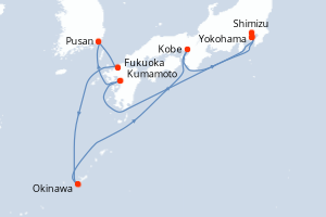 Carte itinéraire croisière Japon - 12 jours au départ de Yokohama - Asie