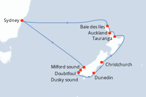 Carte itinéraire croisière Australie, Nouvelle-Zélande - 12 jours au départ de Sydney - Australie Nouvelle Zélande