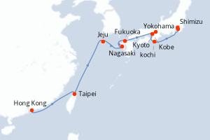 Carte itinéraire croisière Chine, Taïwan, Corée du Sud, Japon - 13 jours au départ de Hong Kong - Asie