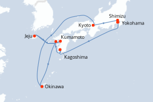 Carte itinéraire croisière Japon, Corée du Sud - 13 jours au départ de Yokohama - Asie